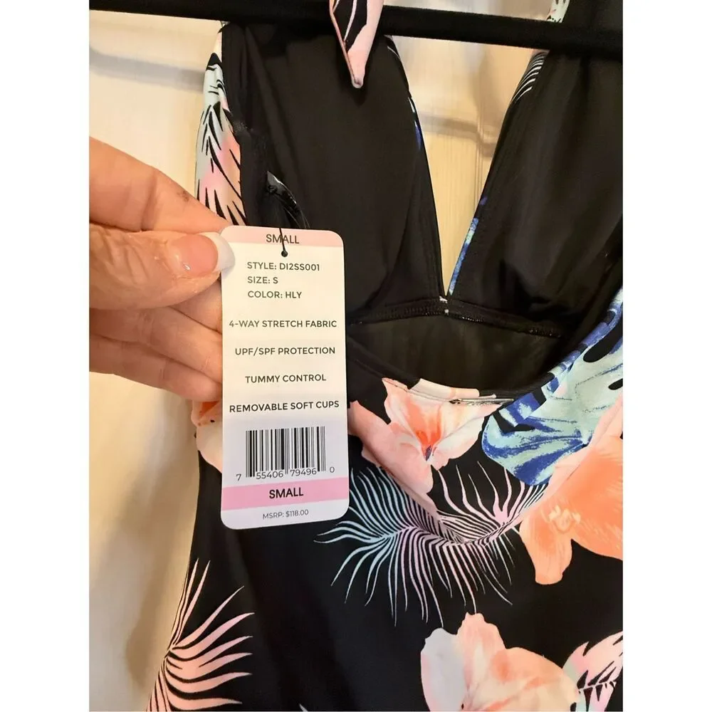 NWT DKNY Women’s Halter Neck 1 Piece Floral Swimsuit Small Cruise Tropical - Picture 6 of 9
